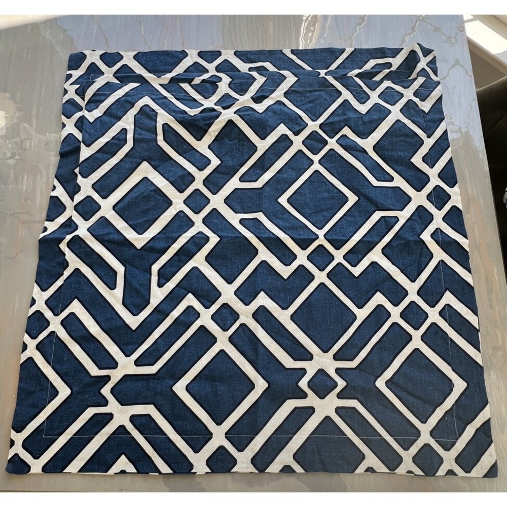 2 Pottery Barn Blue Geometric Linen Cotton Euro Pillow Shams - Picture 3 of 8